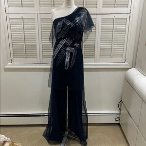 New BCBG Maxazria Elegant One-Shoulder High Low Navy Gown with Silver Accents